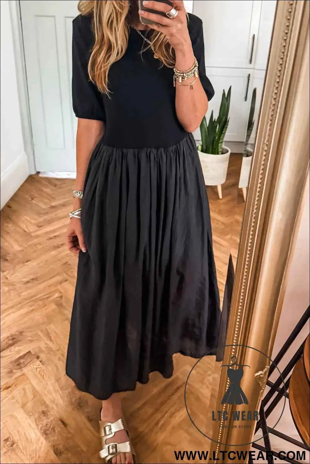 Black Short Sleeve Knit Top Patchwork Pleated Long Dress