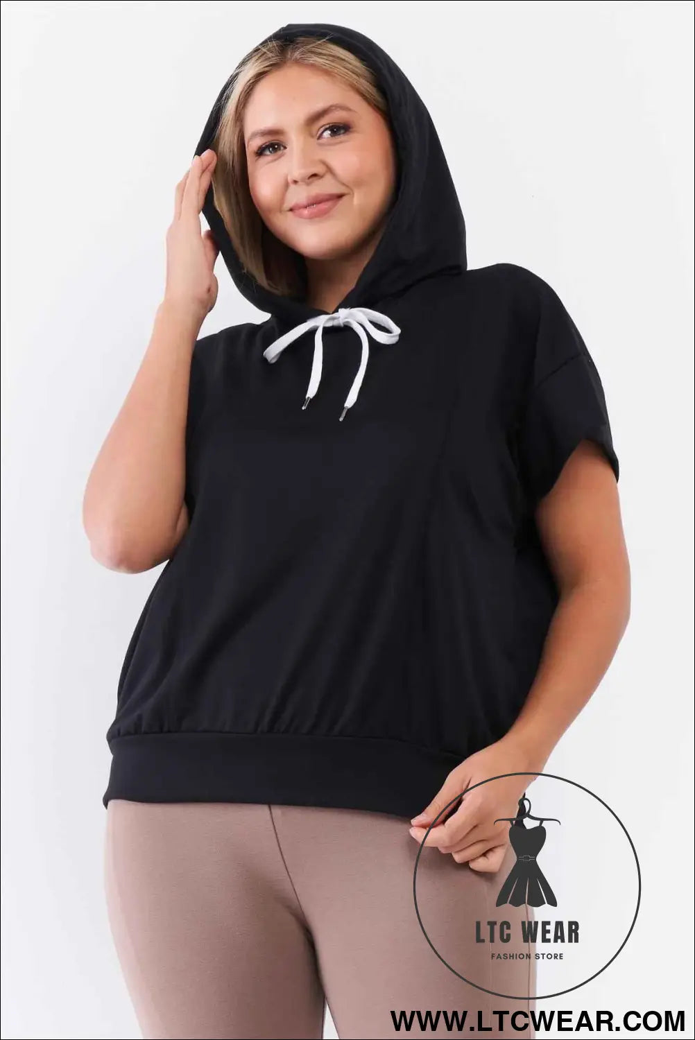 Black Short Wing Sleeve Relaxed Fit White Draw String Tie Hood Detail Top