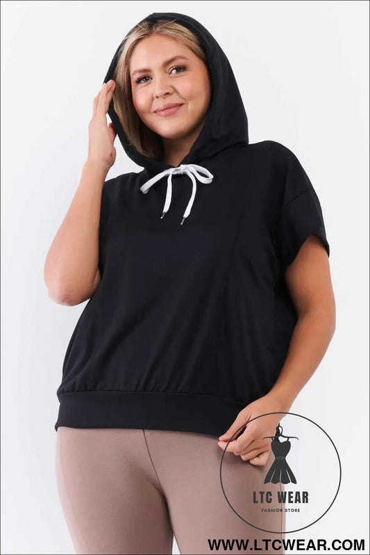 Black Short Wing Sleeve Relaxed Fit White Draw String Tie Hood Detail Top