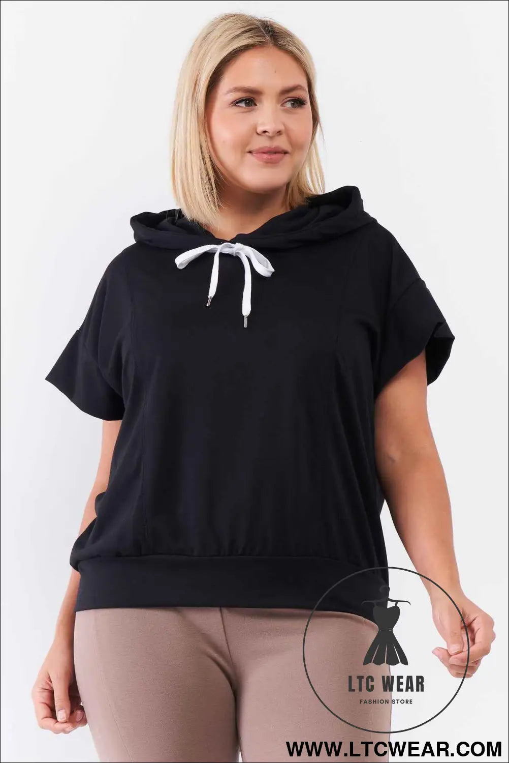 Black Short Wing Sleeve Relaxed Fit White Draw String Tie Hood Detail Top