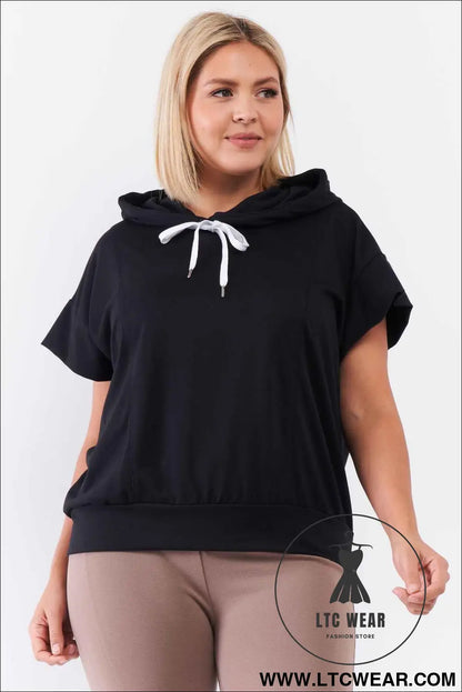 Black Short Wing Sleeve Relaxed Fit White Draw String Tie Hood Detail Top