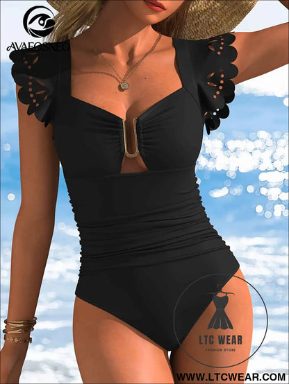 Black Sleeved CutOut OnePiece Swimsuit