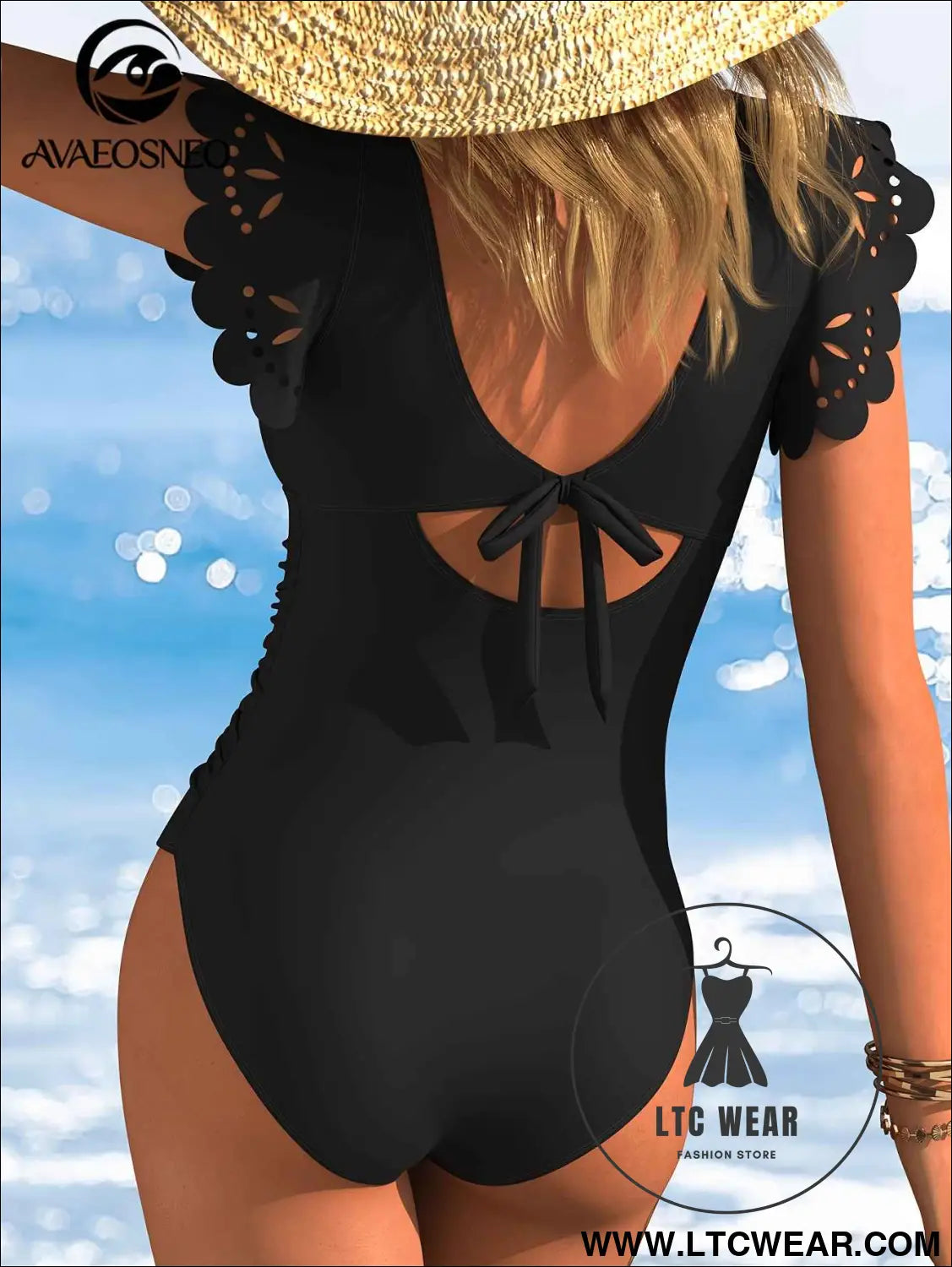 Black Sleeved CutOut OnePiece Swimsuit