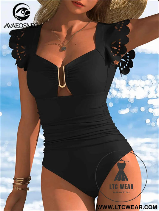 Black Sleeved CutOut OnePiece Swimsuit