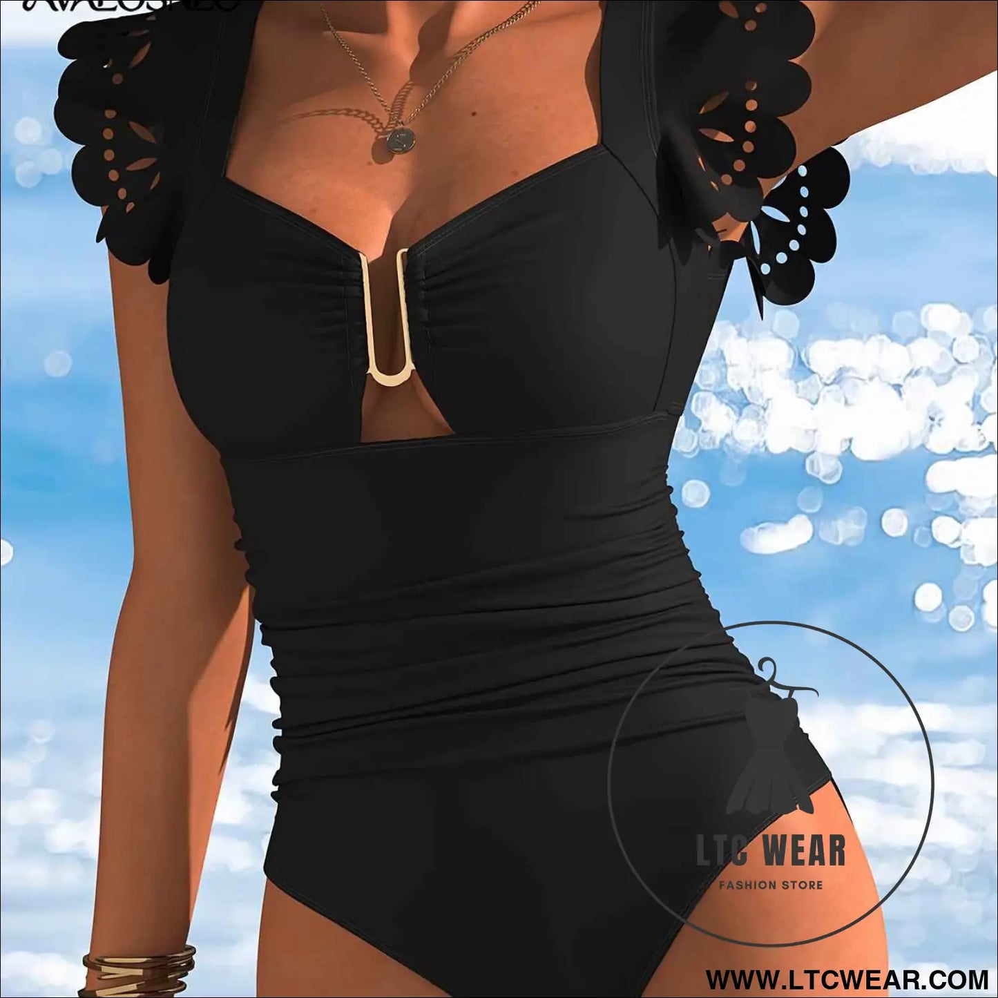 Black Sleeved CutOut OnePiece Swimsuit