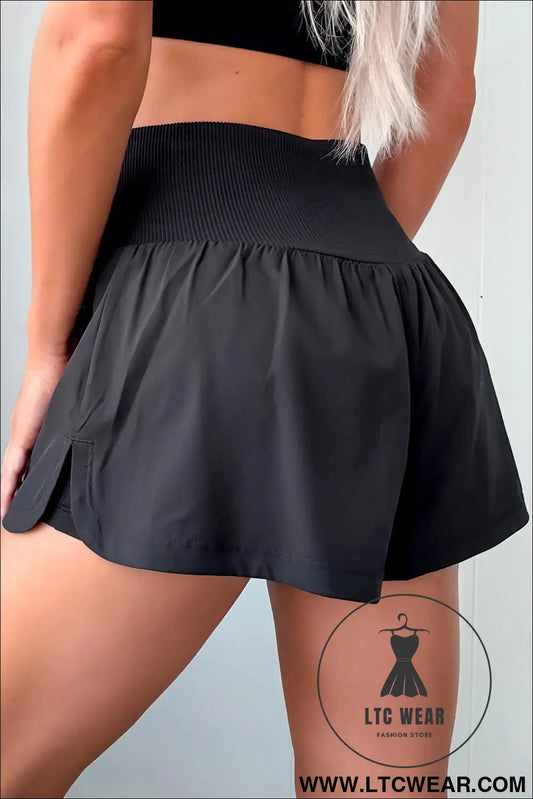 Black Solid Color Ribbed Patchwork High Waist Athletic Shorts