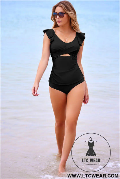 Black Solid Color Ruffle Detail Crossed Cutout Slim Tankini 2pcs Swimsuit - L.T.C Wear Online Fashion Store