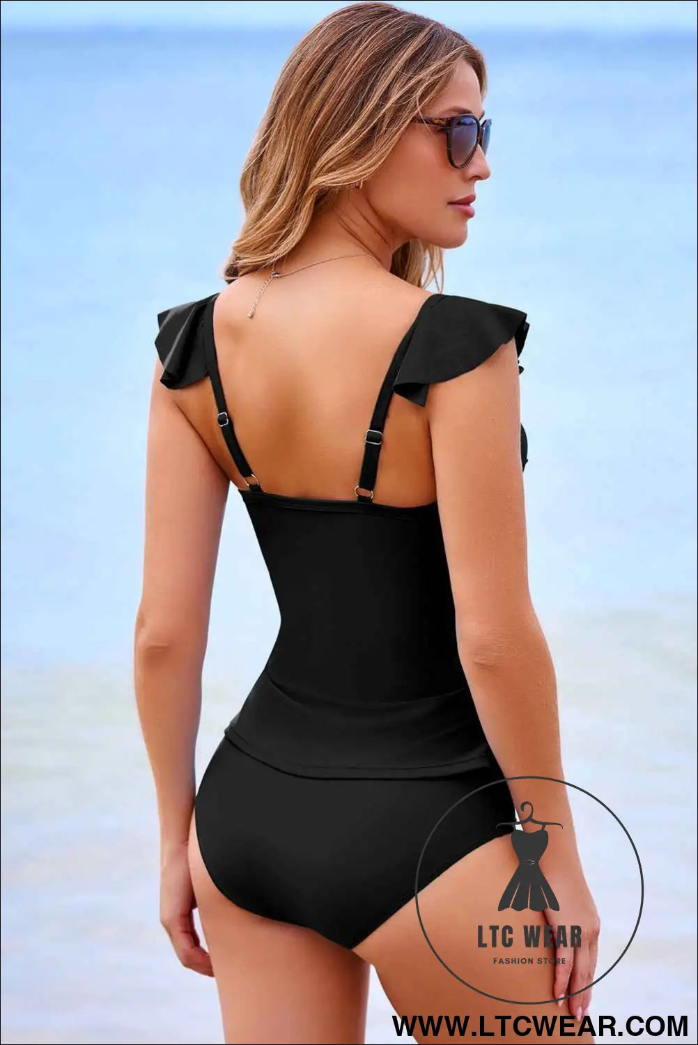 Black Solid Color Ruffle Detail Crossed Cutout Slim Tankini 2pcs Swimsuit