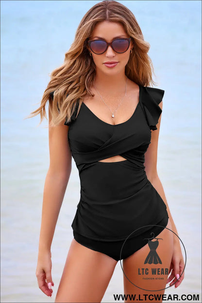 Black Solid Color Ruffle Detail Crossed Cutout Slim Tankini 2pcs Swimsuit - L.T.C Wear Online Fashion Store