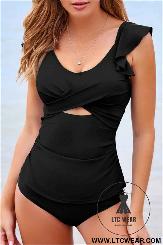Black Solid Color Ruffle Detail Crossed Cutout Slim Tankini 2pcs Swimsuit