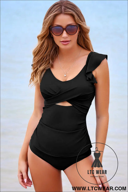 Black Solid Color Ruffle Detail Crossed Cutout Slim Tankini 2pcs Swimsuit - L.T.C Wear Online Fashion Store