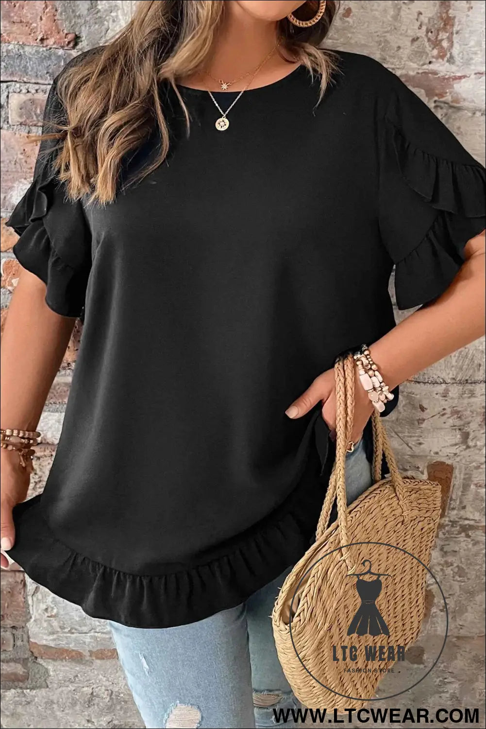 Black Solid Color Ruffle Trim Petal Sleeve Plus Size Tee