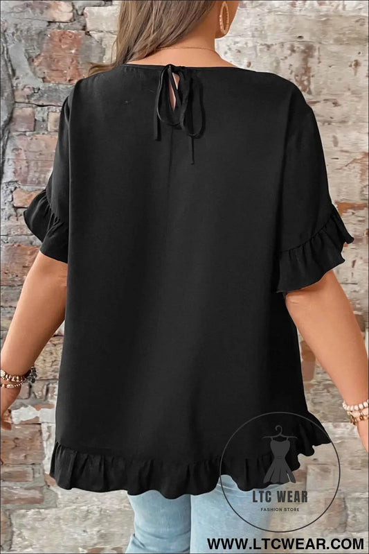 Black Solid Color Ruffle Trim Petal Sleeve Plus Size Tee
