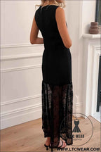 Black Solid Color Sleeveless Sheer Floral Lace Patchwork Long Dress