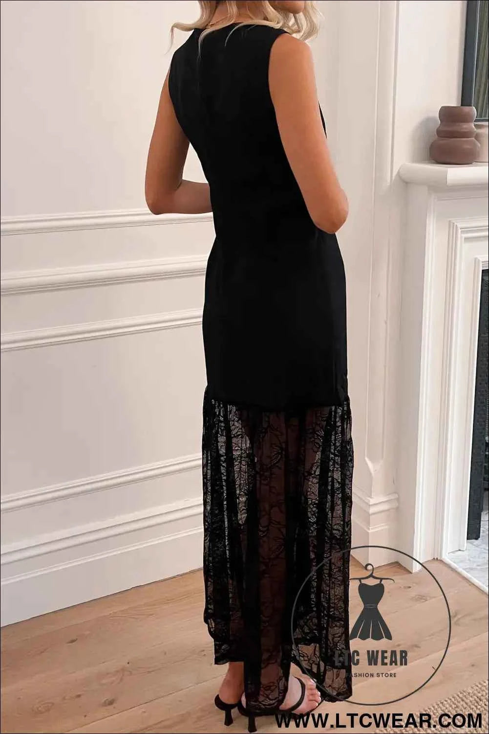 Black Solid Color Sleeveless Sheer Floral Lace Patchwork Long Dress