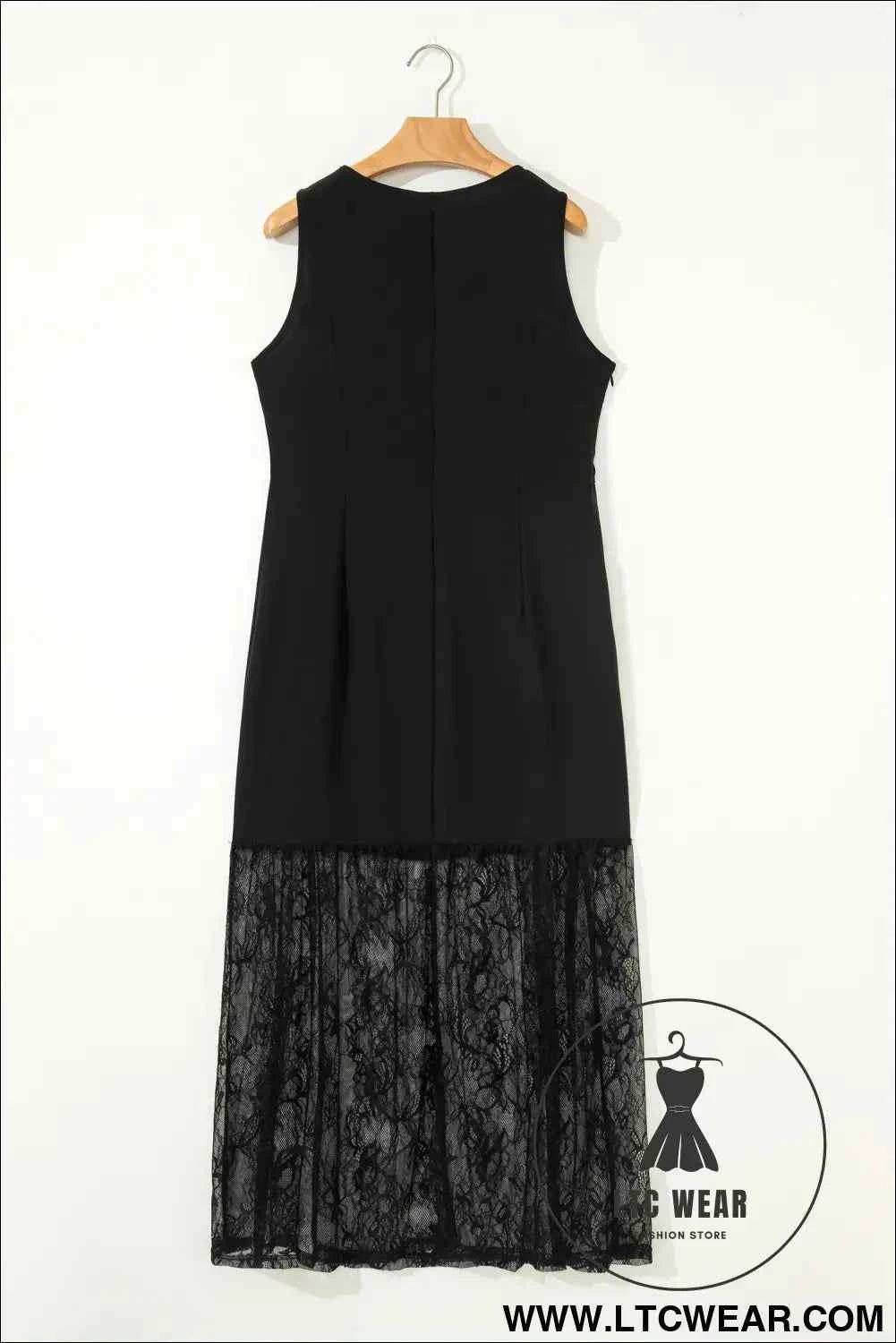Black Solid Color Sleeveless Sheer Floral Lace Patchwork Long Dress