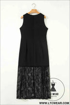 Black Solid Color Sleeveless Sheer Floral Lace Patchwork Long Dress