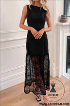 Black Solid Color Sleeveless Sheer Floral Lace Patchwork Long Dress