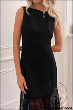Black Solid Color Sleeveless Sheer Floral Lace Patchwork Long Dress
