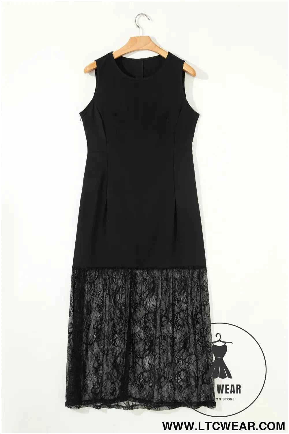 Black Solid Color Sleeveless Sheer Floral Lace Patchwork Long Dress