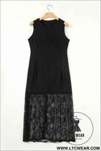 Black Solid Color Sleeveless Sheer Floral Lace Patchwork Long Dress