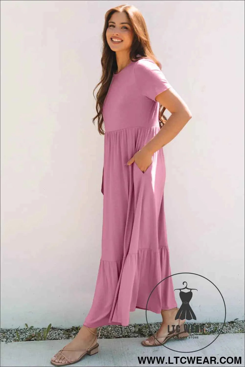 Black Solid Color T-shirt High Waist Pocketed Long Dress