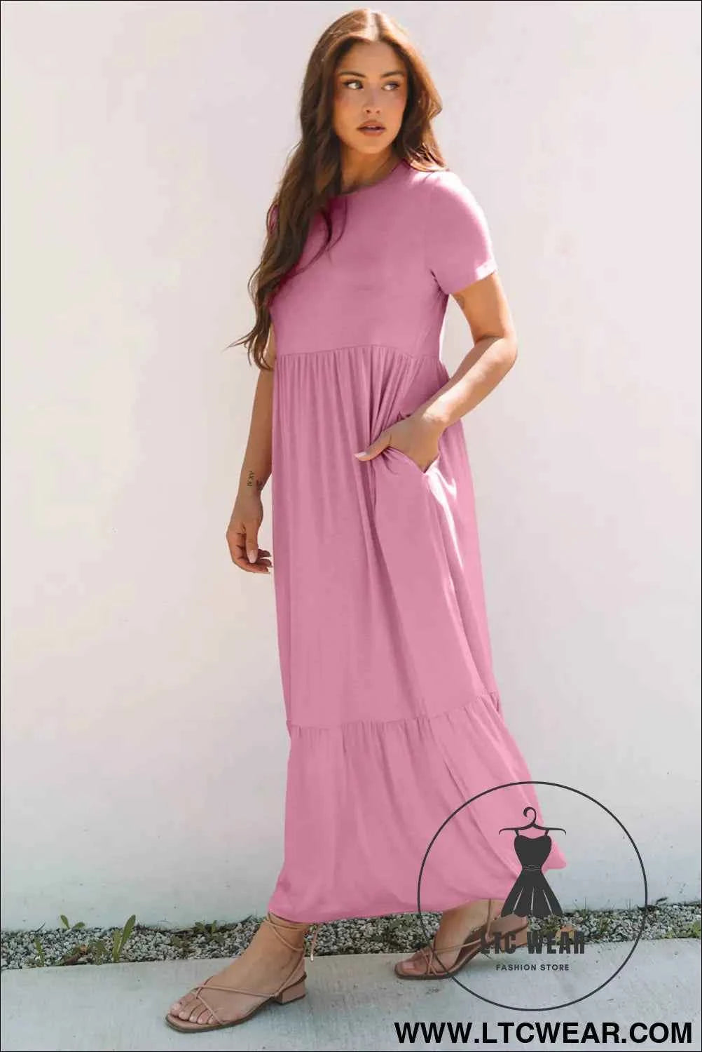 Black Solid Color T-shirt High Waist Pocketed Long Dress
