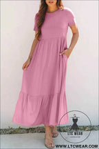 Black Solid Color T-shirt High Waist Pocketed Long Dress