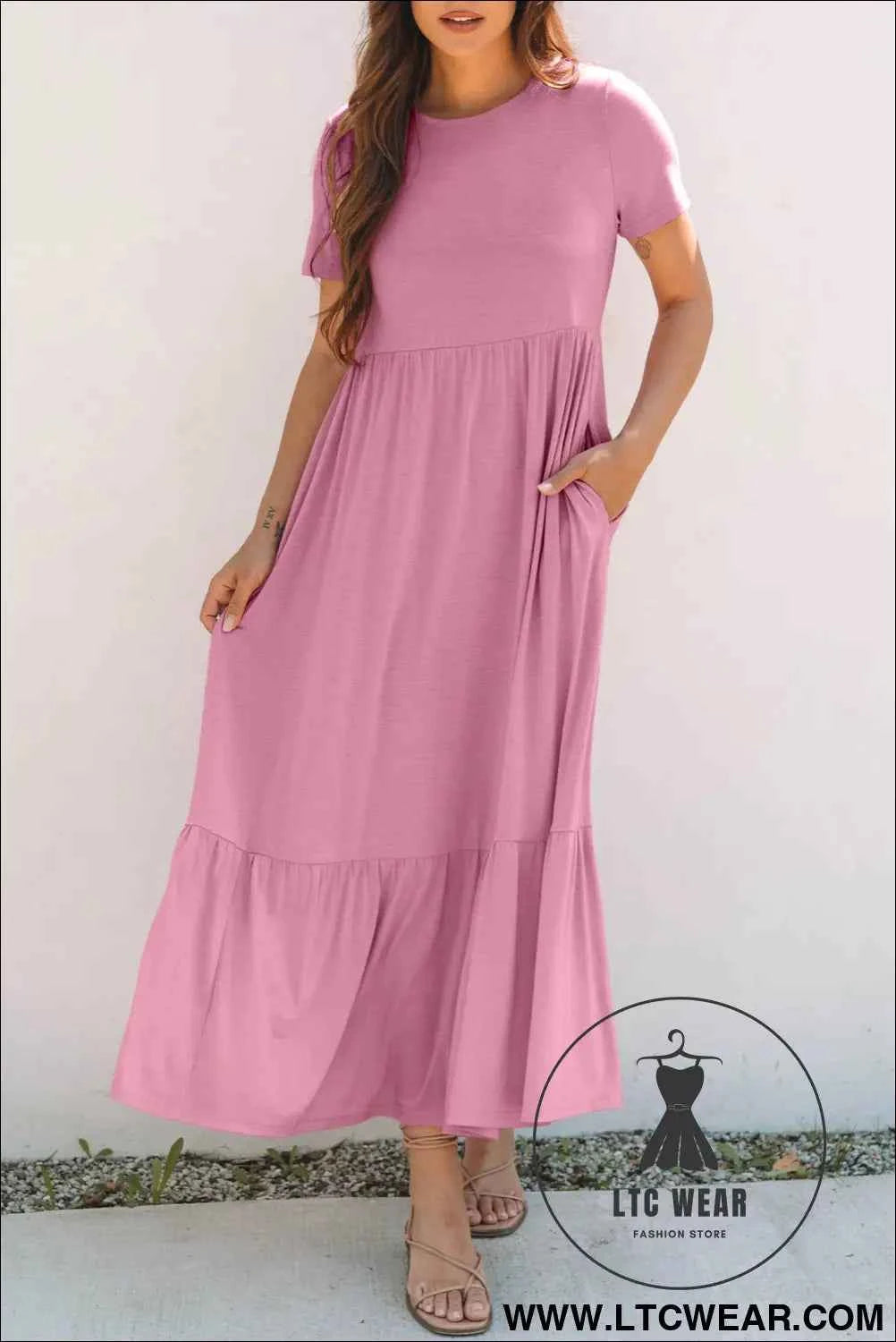 Black Solid Color T-shirt High Waist Pocketed Long Dress