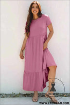 Black Solid Color T-shirt High Waist Pocketed Long Dress