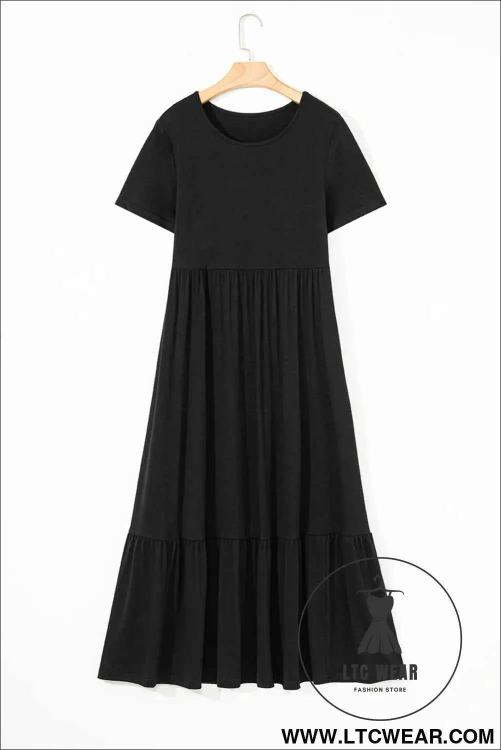 Black Solid Color T-shirt High Waist Pocketed Long Dress