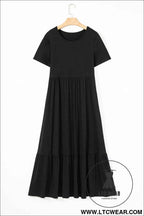 Black Solid Color T-shirt High Waist Pocketed Long Dress