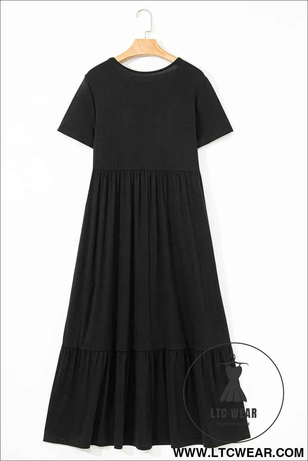 Black Solid Color T-shirt High Waist Pocketed Long Dress