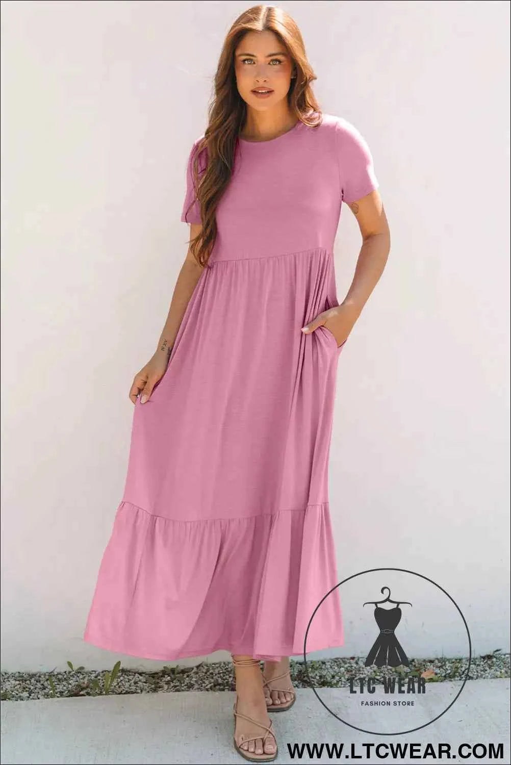 Black Solid Color T-shirt High Waist Pocketed Long Dress