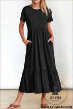 Black Solid Color T-shirt High Waist Pocketed Long Dress