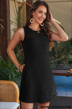 Black solid color textured lace hollowed detail sleeveless mini dress - mini dresses
