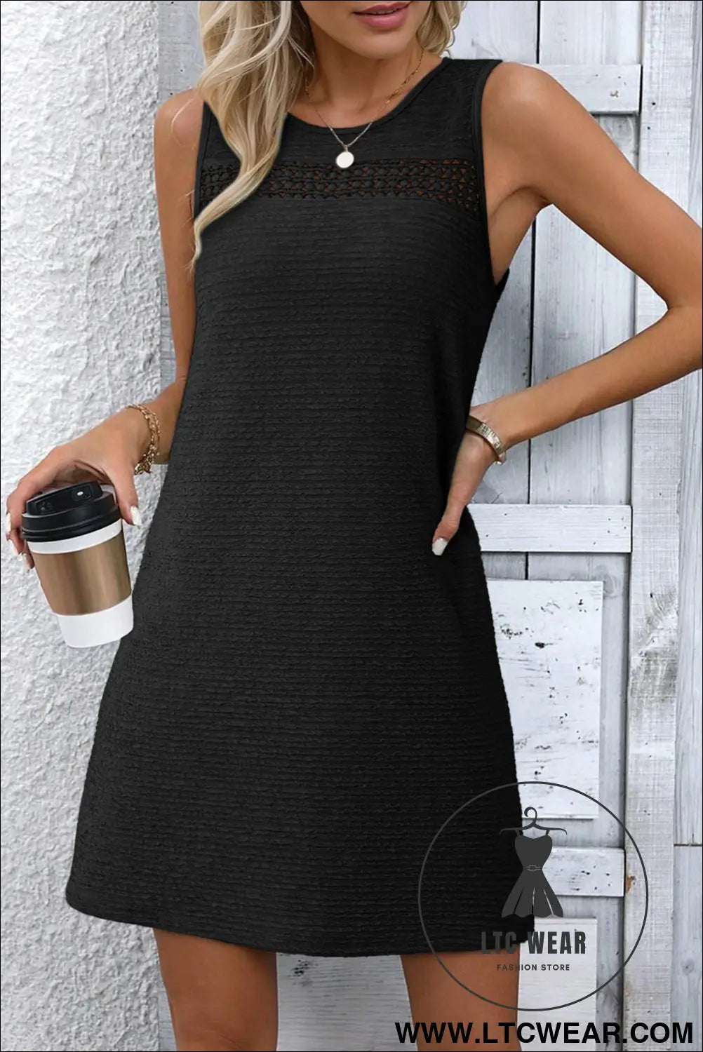Black solid color textured lace hollowed detail sleeveless mini dress - mini dresses