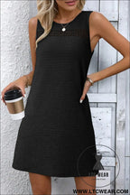 Black solid color textured lace hollowed detail sleeveless mini dress - mini dresses