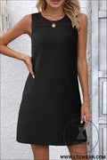 Black solid color textured lace hollowed detail sleeveless mini dress - black / 2xl / 95% polyester + 5% elastane