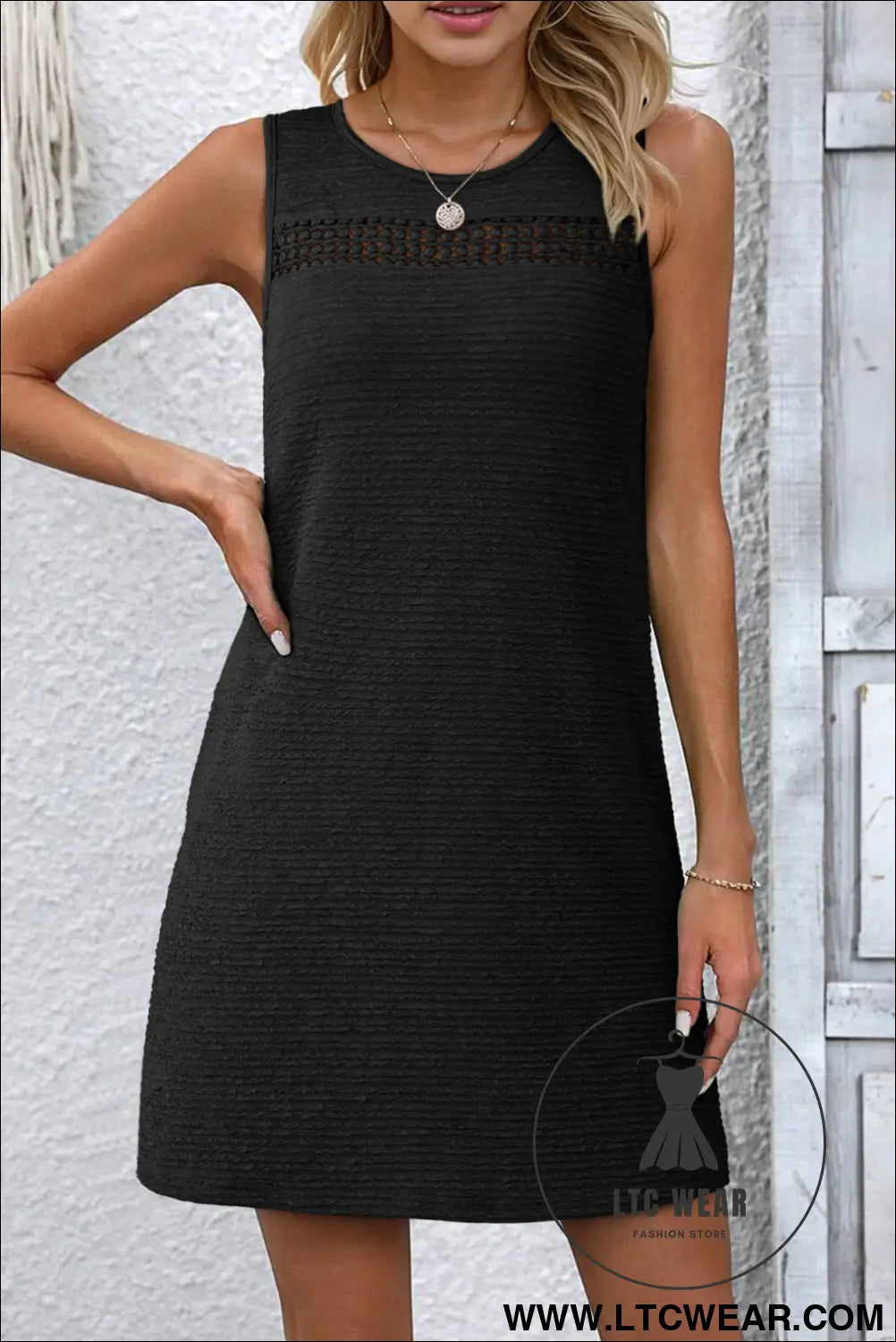 Black solid color textured lace hollowed detail sleeveless mini dress - black / 2xl / 95% polyester + 5% elastane