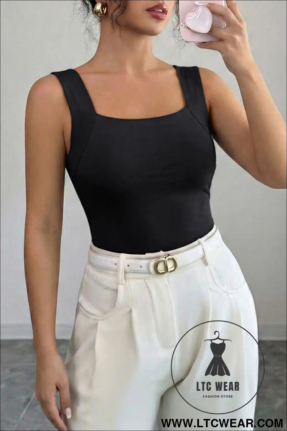 Black Solid Color Wide Strap Splicing Athleisure Tank Top - L.T.C Wear Online Fashion Store