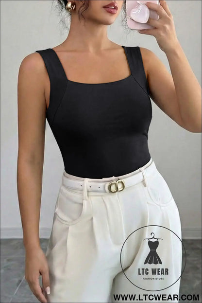 Black Solid Color Wide Strap Splicing Athleisure Tank Top - L.T.C Wear Online Fashion Store