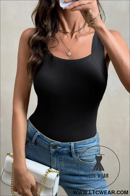 Black Solid Color Wide Strap Splicing Athleisure Tank Top - L.T.C Wear Online Fashion Store