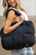 Black solid quilted puffy zipped large tote bag - color black / one size / 100% polyester - handbags