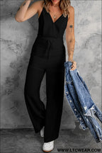 Black solid spaghetti strap wide leg drawstring high waist jumpsuit - jumpsuits & rompers