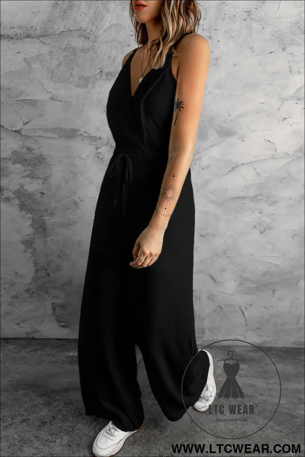 Black solid spaghetti strap wide leg drawstring high waist jumpsuit - jumpsuits & rompers