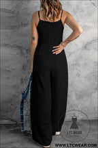 Black solid spaghetti strap wide leg drawstring high waist jumpsuit - jumpsuits & rompers