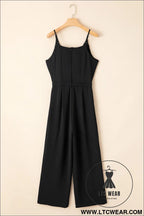 Black solid spaghetti strap wide leg drawstring high waist jumpsuit - jumpsuits & rompers