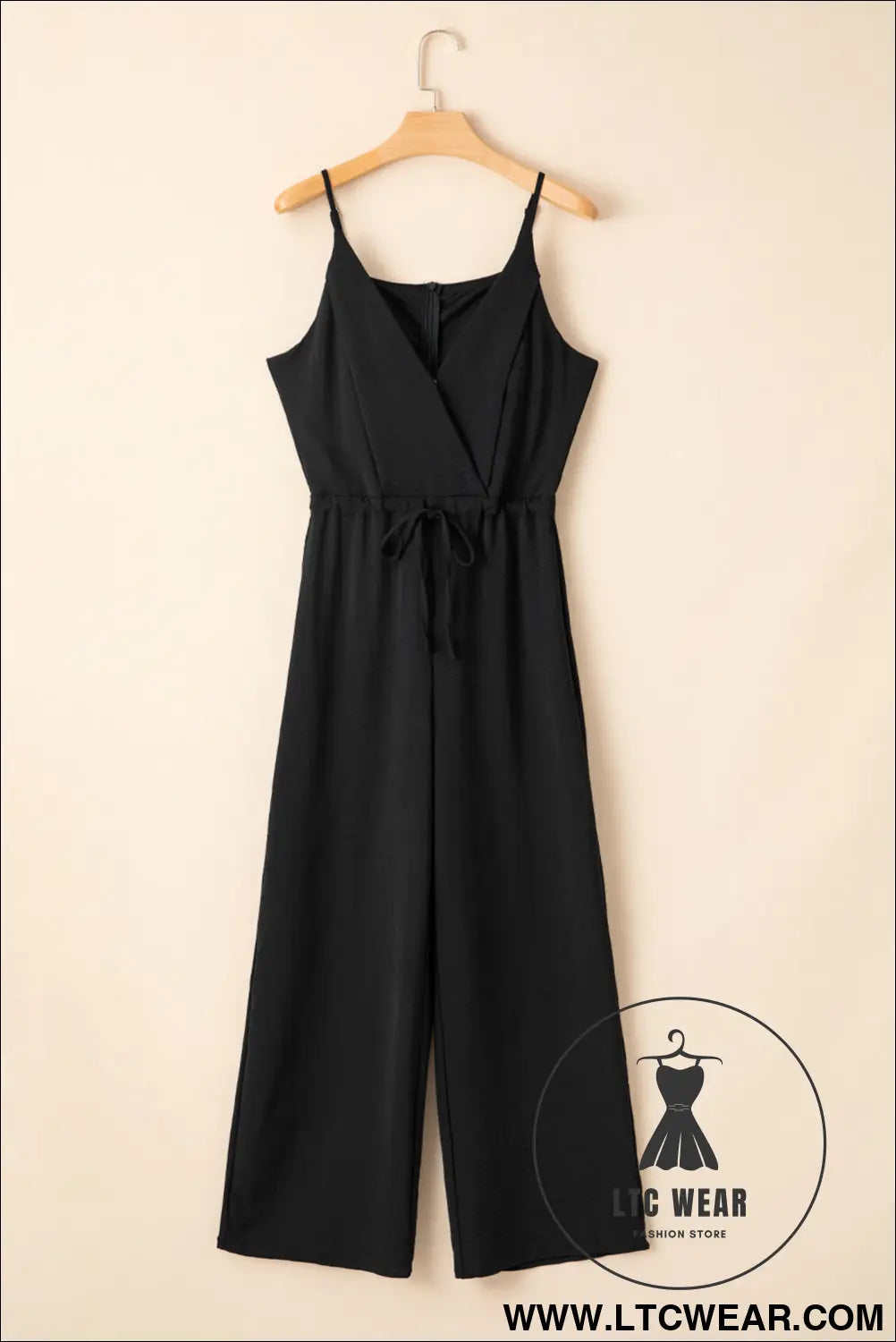 Black solid spaghetti strap wide leg drawstring high waist jumpsuit - jumpsuits & rompers