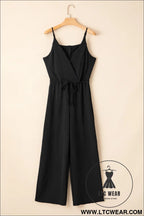 Black solid spaghetti strap wide leg drawstring high waist jumpsuit - jumpsuits & rompers